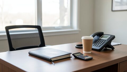 A tidy finance desk before the opening bell: a closed black notebook, a pocket calculator turned face down, a landline handset and a paper cup beside an empty chair, with bright window light across the blotter.