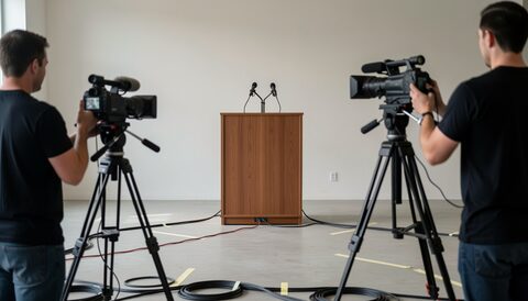 Two camera operators behind tripods in a bare room, aimed at an empty wooden lectern with two microphones, floor tape and coiled cables crossing the concrete in flat overhead light and no audience in frame.