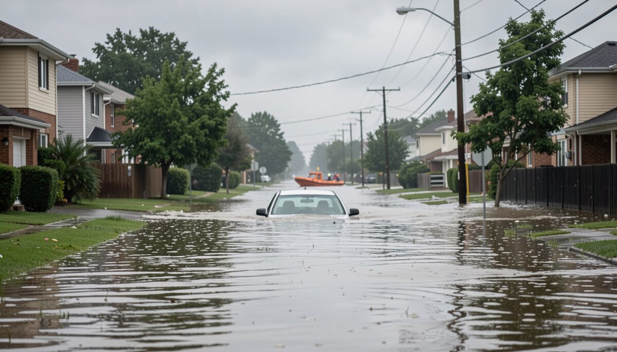 A flooded residential street under heavy overcast, a stranded car standing in brown water at the kerb, a rescue boat working in the distance beyond the rooftops and water still rising along the pavement.