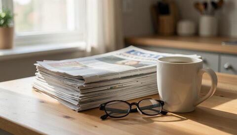 A stack of newspapers on a kitchen table beside a mug and reading glasses, morning light raking across the folded pages, the top copy open on a front page and a chair pushed back.