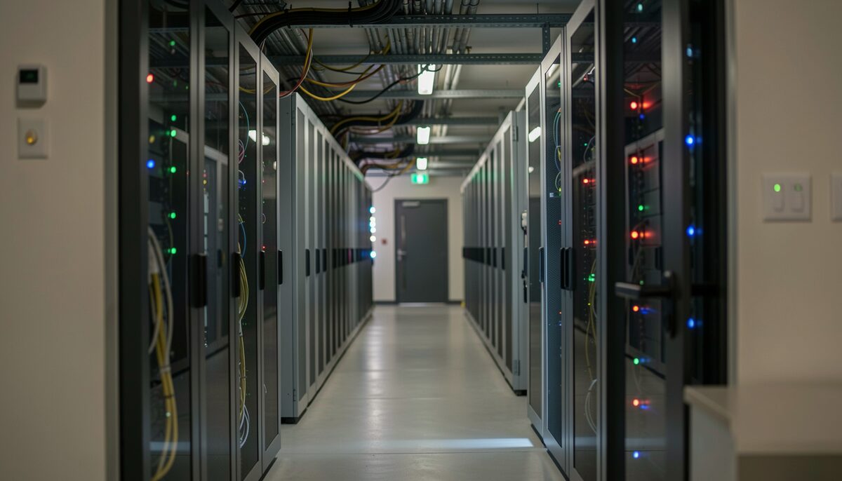 A server room corridor seen through a glass door at night, dense cabling running along both walls, small indicator lights blinking in rows above the raised floor and a cold reflection on the glass.